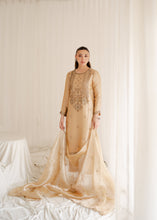 Load image into Gallery viewer, Woman wearing a beige embroidered dress in a softly lit room.
